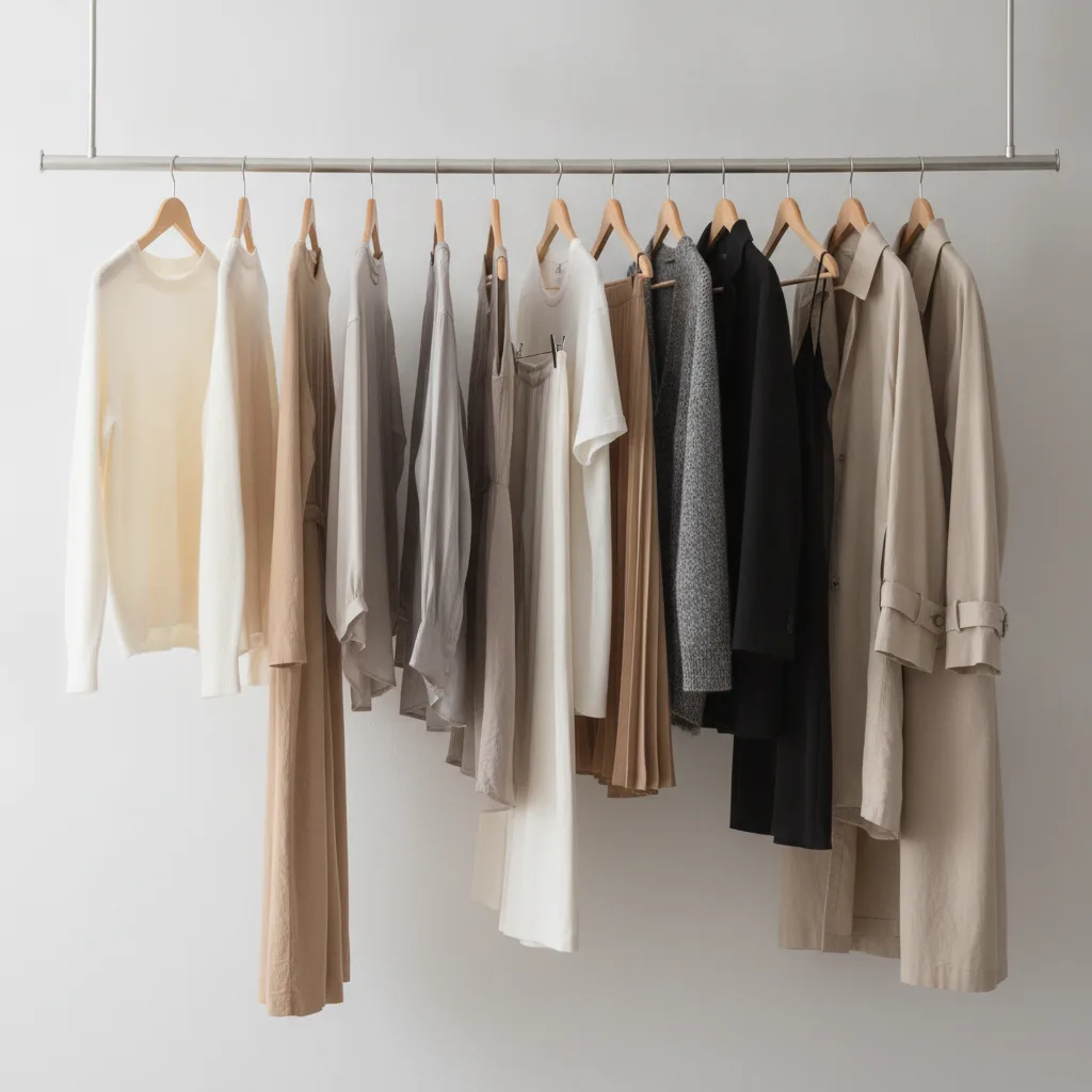 Minimalist wardrobe rail showing neutral tone garments